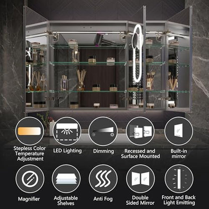 Luxury LED Lighted Medicine Cabinet with Mirror Dimmable, Defogging, 48 inch Commercial Medicine Cabinet, Outlets for Apartments, Hotel, Wide Open - size: 48"W x 36"H