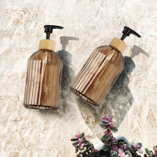 Amber Glass Soap Dispenser with Pump, 2 Pack 13.5oz Vertical Stripe Design Hand Soap Dispenser for Hand Wash, Dish Wash, Elegant Dispenser for Bathroom and Kitchen - color: Striped Amber