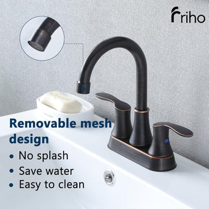 Friho 4 Inch Centerset Bathroom Faucet Oil Rubbed Bronze, 3 Hole Lead-Free 2-Handle RV Commercial Vanity Faucet with Drain Stopper & Supply Hoses - color: Oil Rubbed Bronze