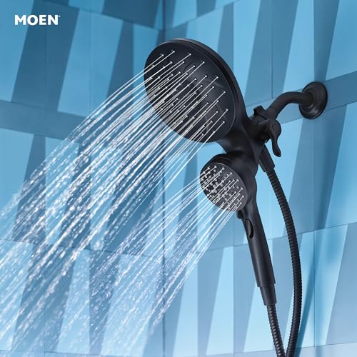 Moen Engage Magnetix Matte Black Multi-Function Handshower and Rainfall Shower Head Trim Combo with Shower Handle, Tub Spout, Metal Hose, and Valve, 82304BL - color: Matte Black