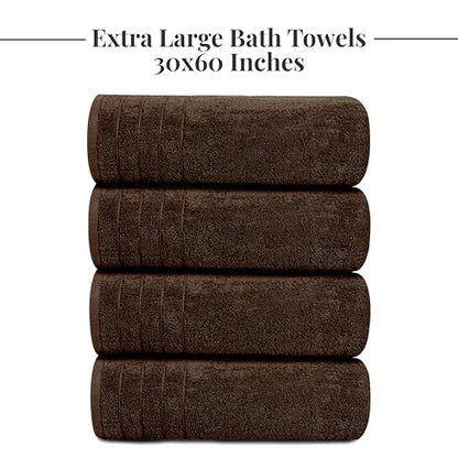 4 Piece Extra Large Bath Towels 30 x 60 Inches, Brown | 100% Cotton, Larger & Lighter Weight, Quicker to Dry, Super Soft and Absorbent, Perfect for Bathroom - color: Brown