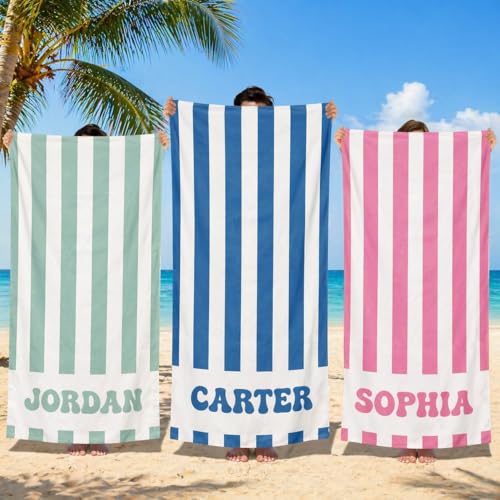 Personalized Striped Beach Towel with Custom Name, Quick Dry Microfiber Towel for Kids & Adults, Soft Pool & Swim Gift