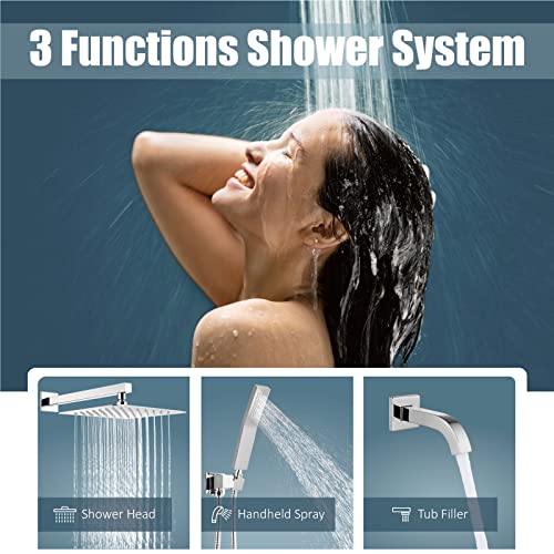 Aolemi Shower Faucet Set with Tub Filler Handheld 10" Head Polish Chrome | Shower Valve and Trim Kit,Handheld Spray,Tub Spout,Single Handle,SUS304,Bathroom Mixer for Remodeling - color: Chrome, size: 10 Inch Shower Head