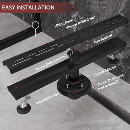 Linear Shower Drain, 24 inch Matte Black | Including Hair Catcher and Removable Grate, 304 Stainless Steel, Easy to Install and Clean (Drain Base Not Included) - color: Matte Black, size: 24 inch