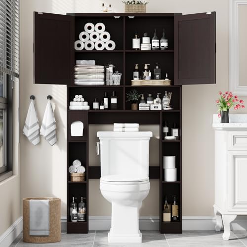 Vabches Home Space-Saving Toilet Rack with 2 Barn Doors (Walnut) | Farmhouse Over The Toilet Storage Cabinet, with Toilet Paper Holder Stand, for Laundry, Bathroom, Restroom - color: Walnut