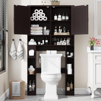 Vabches Home Space-Saving Toilet Rack with 2 Barn Doors (Walnut) | Farmhouse Over The Toilet Storage Cabinet, with Toilet Paper Holder Stand, for Laundry, Bathroom, Restroom - color: Walnut