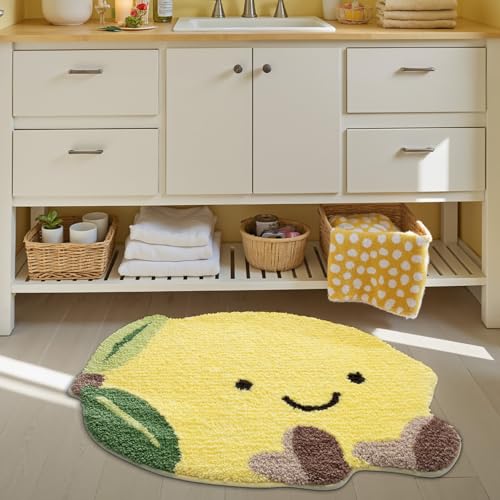 LUMI Cute Bathroom Rug, Absorbent Non Slip Bath Mat, 20.5"x29", Lemmy | Soft Plush Microfiber Yellow Rug, Quick Dry, Washable Fruit Bathmats for Shower Floor, Sink Bathtub, Bedroom, Kids Room - color: Fruit-lemmy