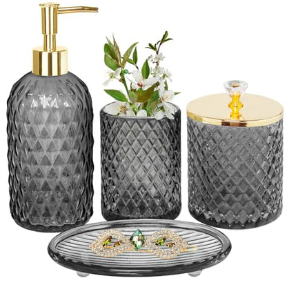Haturi Glass Bathroom Accessories Set, Smoky Gray Bathroom Set, 4 Pcs | Kit w/ Bathroom Soap Dispenser Set, Toothbrush Holder, Qtip Holder, Vanity Tray, Gray Bathroom Decor, Gift for Home Apartment - style: Smoky Gray