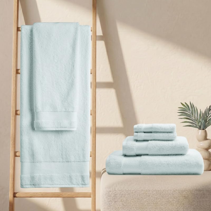 BIOWEAVES 100% Organic Cotton 700 GSM Plush 6-Piece Towel Set GOTS Certified, 2 Bath Towels, 2 Hand Towels & 2 Washcloths - Seafoam - color: Seafoam, size: 6 Pc Towel Set