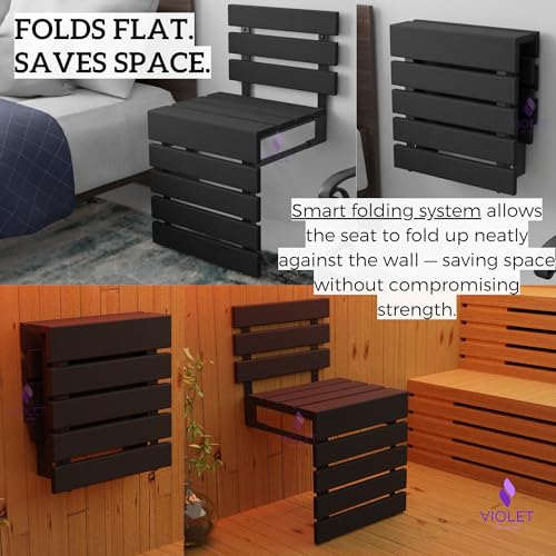 Folding Wall Mounted Teak Wood Shower Seat with Backrest, Water Resistant Foldable Bathroom Stool with Legs, Premium Materials Handmade Shoe Changing Bench, Space Saving and Super Safe Chair (Black) - color: Black