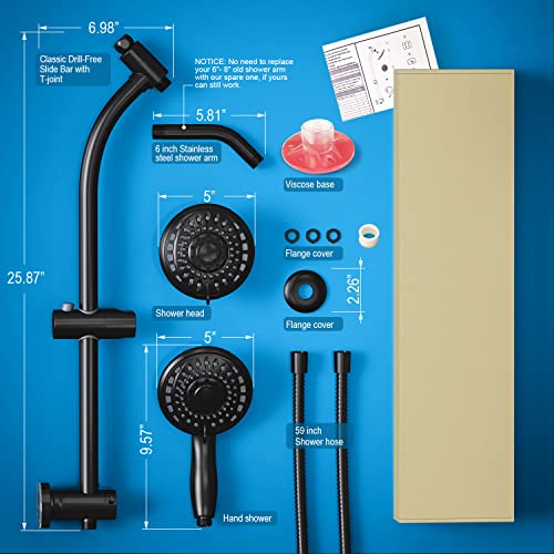 Handheld Showerhead & Rain Shower Combo for Easy Reach, 27.5" Drill-free Stainless Steel Slide Bar, 5”of 5-setting Handheld Shower and Showerhead, with 5ft Hose - Black - color: Black