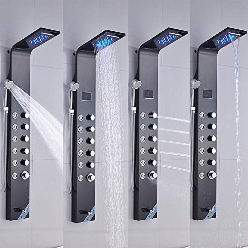 LCD Temperature Display Shower Panel Bathroom Tower Shower Column with Body Massage Jets LED Shower Head-Black (Color : Black) - color: Black