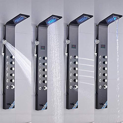 LCD Temperature Display Shower Panel Bathroom Tower Shower Column with Body Massage Jets LED Shower Head-Black (Color : Black) - color: Black