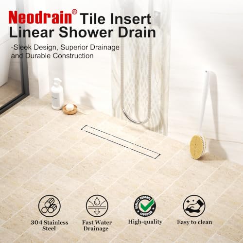 Neodrain 24 inch Linear Shower Drain-Brushed Nickel Tile-in Floor Drain | 304 Stainless Steel Linear Drain, Fast Drainage Rectangle Hidden Shower Trench, Easy Clean & Hair Catcher,cUPC Certified - color: Brushed, size: 24 IN