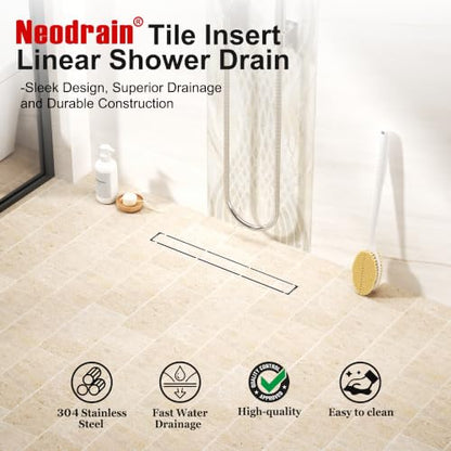 Neodrain 24 inch Linear Shower Drain-Brushed Nickel Tile-in Floor Drain | 304 Stainless Steel Linear Drain, Fast Drainage Rectangle Hidden Shower Trench, Easy Clean & Hair Catcher,cUPC Certified - color: Brushed, size: 24 IN
