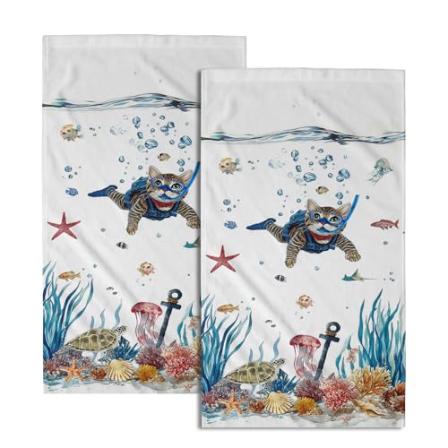 Giwawa Funny Cat Hand Towel Set of 2 Summer Nautical Ocean Blue Sea Towel Underwater Swimming Kitten Decorative Face Fingertip Towel Dish Wash Cloth for Bathroom Hotel Gym Home Spa - color: Undersea Cat