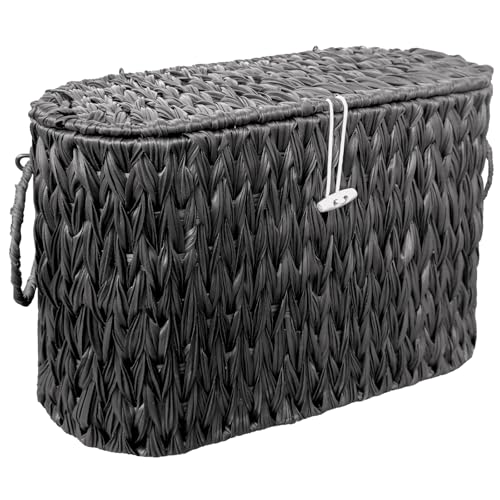 Coeusy Black Toilet Paper Basket with Lid,Wicker Toilet Paper Storage Stand,Large Narrow Bathroom Towel Basket Mega Roll Container Bin for Toilet Tank,Floor - color: Black