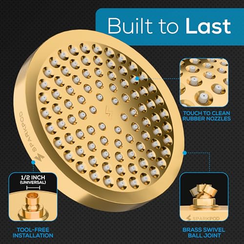 SparkPod Rain Shower Head, 6 Inch Round, Egyptian Gold Finish | High Pressure Shower Heads, 90 Nozzles, Adjustable Showerhead, No Tools Needed, Universal Connection - color: Egyptian Gold, style: 6 Inch Round