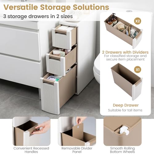 Byroce 3-Tier Narrow Storage Cabinet with Wheels, Slim Rolling Plastic Drawer Organizer with Removable Dividers, Skinny Storage Cart for Small Spaces, Bathroom & Kitchen (1PC, 3-Drawer), Beige - size: 3-Drawer