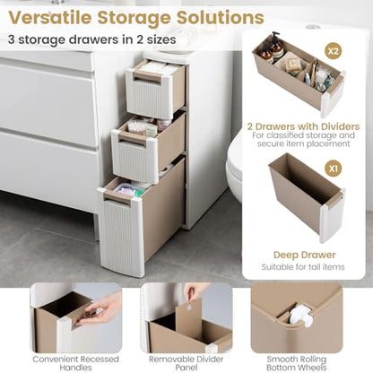 Byroce 3-Tier Narrow Storage Cabinet with Wheels, Slim Rolling Plastic Drawer Organizer with Removable Dividers, Skinny Storage Cart for Small Spaces, Bathroom & Kitchen (1PC, 3-Drawer), Beige - size: 3-Drawer