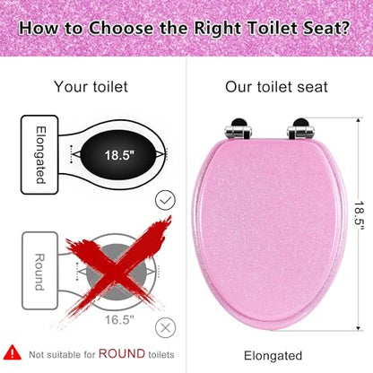 Angol Shiold Glitter Toilet Seat Molded Wood Elongated Toilet Seat with Quietly Close and Quick Release Hinges, Easy to Clean also Easy to Install (Elongated 18.5'', Pink) - color: Pink, size: Elongated 18.5‘’