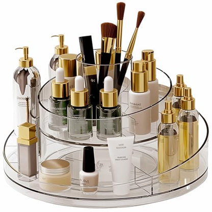 Taiuloo 360 Rotating Makeup Organizer, Clear Acrylic Lazy Susan Cosmetic Storage Turntable for Skincare, Perfume & Lipstick, Round Spinning Tray with Brush Holder for Vanity, Bathroom