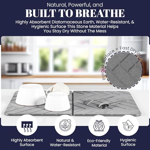 Folding Stone Dish Drying Mat for Kitchen Counter 23"x15" - Diatomaceous Earth Quick Dry Mat, Non-Slip, Foldable & Absorbent Stone Drying Pad for Dishes Cups Bottles - Kitchen Bath & Pet Mat