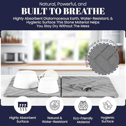 Folding Stone Dish Drying Mat for Kitchen Counter 23"x15" - Diatomaceous Earth Quick Dry Mat, Non-Slip, Foldable & Absorbent Stone Drying Pad for Dishes Cups Bottles - Kitchen Bath & Pet Mat