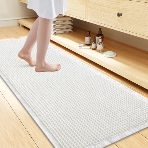 Smiry Waffle Bath Mat 60x24, Extra Soft Absorbent Bathroom Rugs, Non Slip Machine Washable Quick Dry Bath Rugs for Bathroom Floor, Tub, Shower, Home Decor Accessories, White - color: White, size: 60'' X 24''