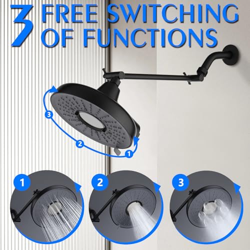 Rain Shower Head with Extension Arm, 8 Inch High Pressure Rainfall Showerhead with 3 Spray Modes, Extended Shower Head with Filters for Hard Water, Height and Angle Adjustable (Black)