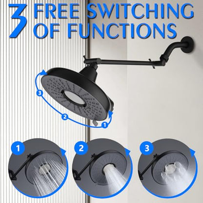 Rain Shower Head with Extension Arm, 8 Inch High Pressure Rainfall Showerhead with 3 Spray Modes, Extended Shower Head with Filters for Hard Water, Height and Angle Adjustable (Black)