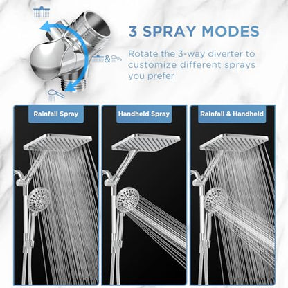 Dual Handheld Shower Head Combo, 2-in-1 Rain Shower Heads System Wide Rainfall Shower Head and 10 Modes High Pressure Hand Held Showerhead with Built-in Power Wash - Chrome - color: Chrome, size: 10 Inch Standard