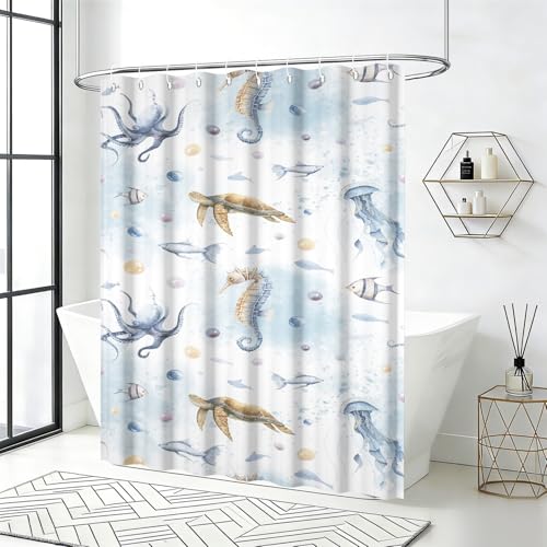Yeele Ocean Creatures Watercolor Shower Curtain, Turtle Octopus Blue Print Shower Curtain, Waterproof Machine Washable Fabric Bath Curtain 54x72 Inch with Grommets and Hooks - color: Blue 1, size: 54"Wx72"L