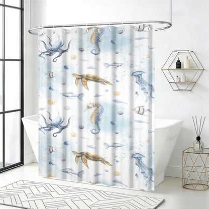 Yeele Ocean Creatures Watercolor Shower Curtain, Turtle Octopus Blue Print Shower Curtain, Waterproof Machine Washable Fabric Bath Curtain 54x72 Inch with Grommets and Hooks - color: Blue 1, size: 54"Wx72"L