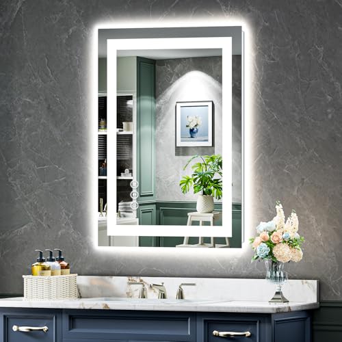 20x30 Inch LED Bathroom Mirror with Lights Front and Backlit Lighted Vanity Mirror for Bathroom Wall with 3 Colors Dimmable Anti-Fog Memory Shatter-Proof IP54 Waterproof Horizontal/Vertical - color: Backlit+front Lit, size: 20"L x 30"W