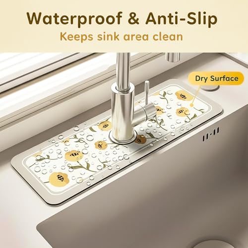 14.96"×5.43" Diatomite Sink Faucet Absorbing Mat, Reusable Drying Mat Splash Guard for Kitchen Bathroom Counter, Sink Drip Catcher & Organizer - style: Flower-1