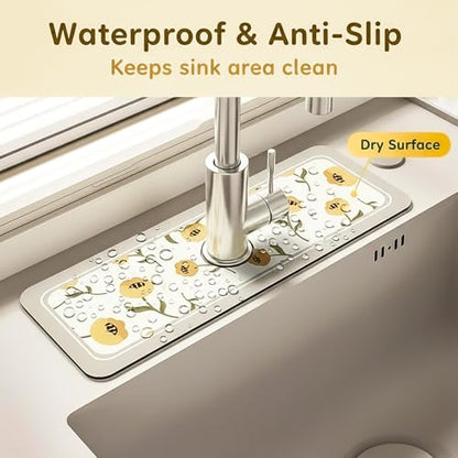 14.96"×5.43" Diatomite Sink Faucet Absorbing Mat, Reusable Drying Mat Splash Guard for Kitchen Bathroom Counter, Sink Drip Catcher & Organizer - style: Flower-1