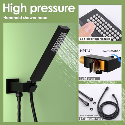 Enga Dual Shower Head System with Body Jets, 12"+ 6" Wall Mounted Dual Rain Shower Faucet with Valve Kit, Matte Black - color: Matte Black, style: Wall-12"+6"+Jets