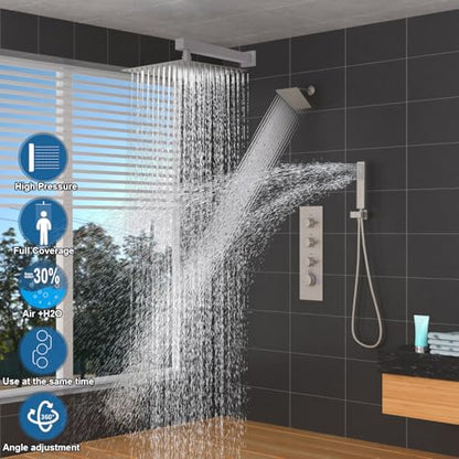Enga Thermostatic Dual Shower System, 12"+6" Wall Mount Dual Rain Shower Faucet, All Functions Use Together & Volume Adjustable, Brushed Nickel - color: Brushed Nickel, style: ‎12"+6" Head