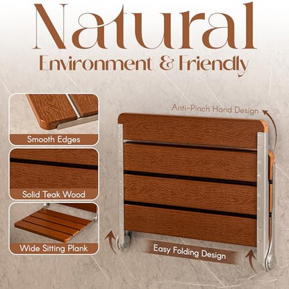 Foldable Wall Mounted Shower Seat with Stainless Steel Frame – Solid Teak Wood Shower Chair for Elderly and Disabled – Smooth Edges & Sturdy Structure – 400 Lbs Load Capacity