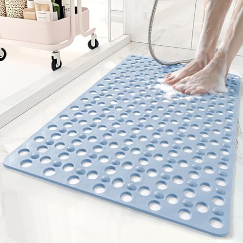 Non Slip Bathtub Mat and Shower Mat 31x17 inch,Bath Mat with Quick Dry Drain Holes and Suction Cups, Soft Comfortable Safe Bathroom Mat for Bath Tub, Floor, Tile (Light Blue) - color: Light Blue