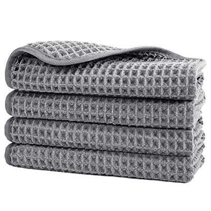 POLYTE 430 GSM Microfiber Lint Free Washcloth Face Towel, 13 x 13 in, 4 Pack (Waffle Weave) - color: Gray