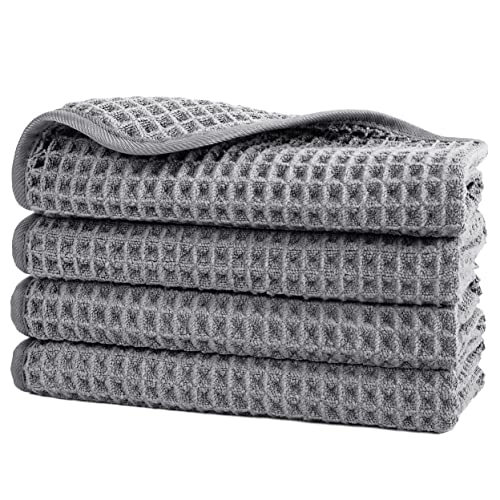 POLYTE 430 GSM Microfiber Lint Free Washcloth Face Towel, 13 x 13 in, 4 Pack (Waffle Weave) - color: Gray