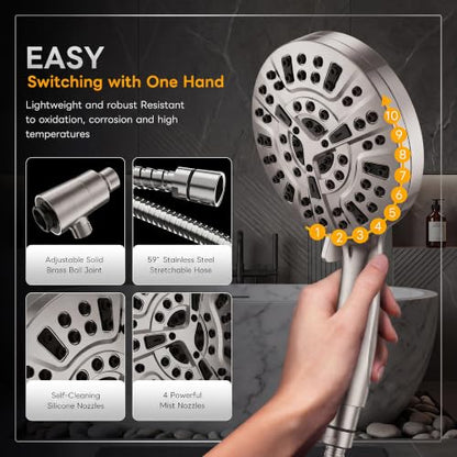 Superior Handheld Shower Head with Magnetic Docking System | 10-Function High Pressure Detachable Shower Head, 5-inch Shower head with 60 Inch Hose, Remote Dock, Brushed Nickel - color: Brushed Nickel