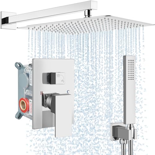 Midanya Shower Faucet Set with Handheld Sprayer,16 Inch,Polish Chrome | Rough-in Shower Valve and Trim Kit Included,Square Rain Head,Wall Mount Shower System,All Metal,Bathroom - color: Chrome, size: 16 Inch