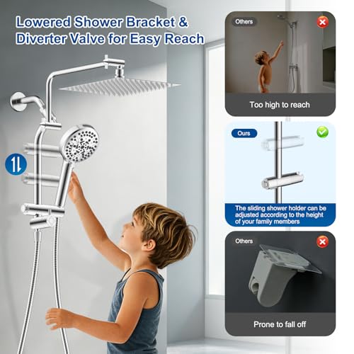 Metal 12" Rain Showerhead with 10-Spray Handheld, Easy Reach 4-way Diverter | NSF/ANSI/CAN 372 Certified, Chrome, High Pressure Shower Head with Pause Mode, 71" Stainless Steel Hose/12" Extension Arm - color: Chrome, style: Square 12"