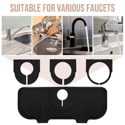 Teenyyou 2 Pcs Silicone Faucet Splash Guard 10.6 ” x 4.3” Kitchen Sink Splash Guard Faucet Mat for Kitchen Mat Catcher Black and Grey Sink Accessories for Bathroom