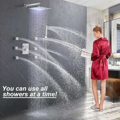 Enga Brushed Nickel Shower System with Body Spray Jets, Wall Mount 12 Inch LED Rain Shower Head Push Button Diverter Shower Fixtures, All Functions Can Run At Once - color: Brushed Nickel, style: Wall Mount-6 Jets