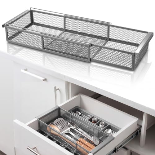 LemonRoad Expandable Metal Drawer Organizer Tray Adjustable Sliding Drawer Storage Box for Kitchen Utensils Deep Organizer for Silverware Towels BBQ Tools, 12.4" to 17.7" Length (Silver) - color: Silver