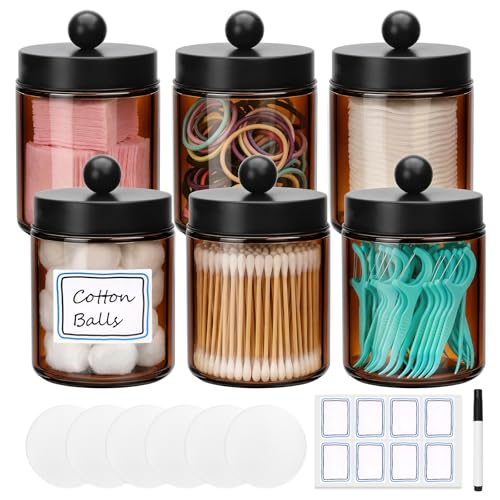 Accguan 6Pack Amber Apothecary Jars Bathroom Vanity Storage Organizer Set | Bathroom Jars with Black Stainless Steel Lids and Labels, Qtip Dispenser Holder for Cotton Swabs/Balls, Makeup Sponges - color: Amber